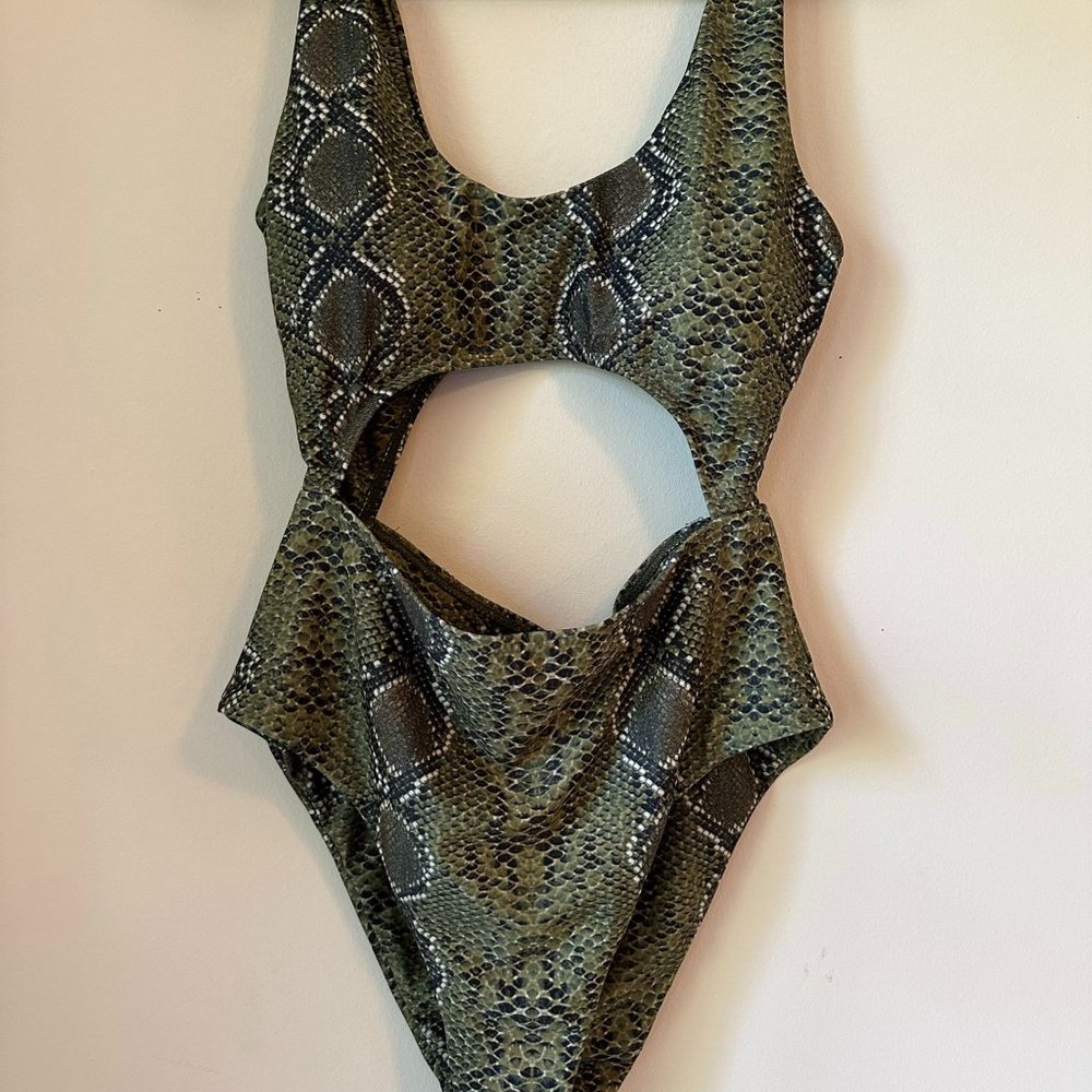 Forest Green Snake Skin Cut Out One Piece Bikini